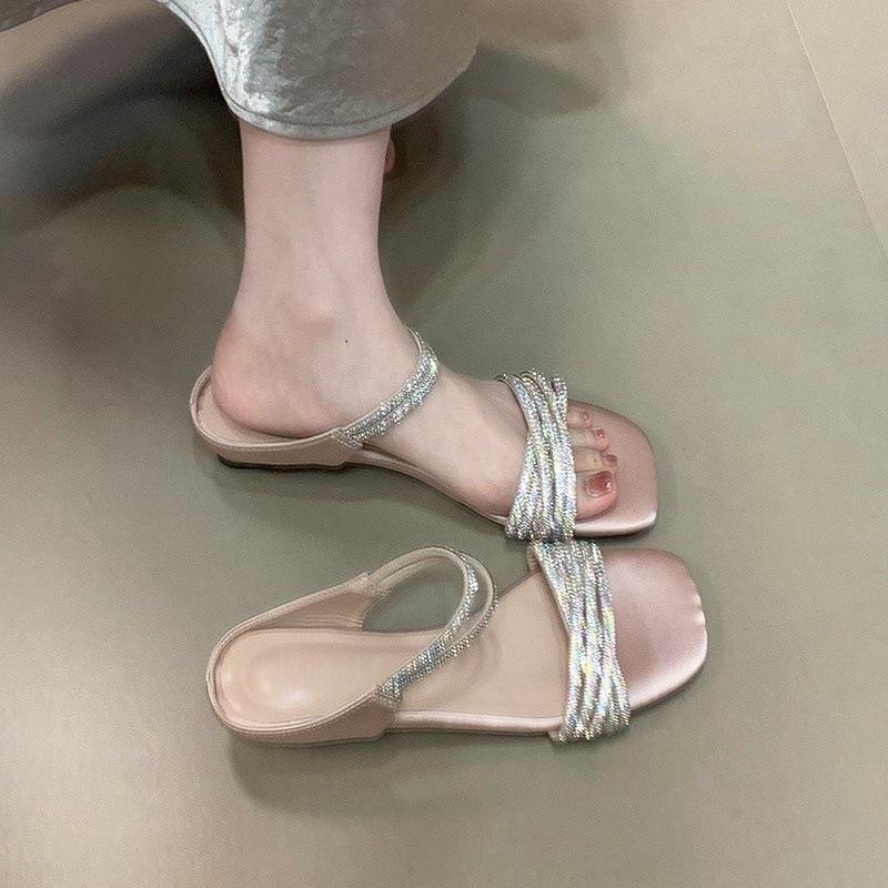 Celebrity Rhinestone with Open-toed Sandals Women's Fashion Temperament One-word Drag Sexy Beautiful Cool Slippers