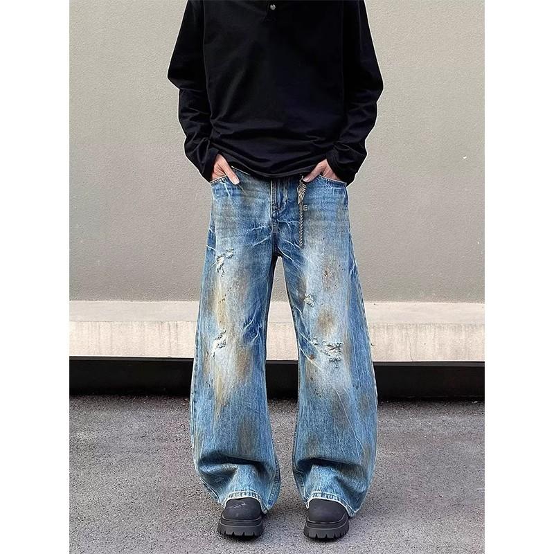 American retro wash embroidery dyed ripped jeans men's spring and autumn wide legs dirty pants trendy brand ruffian handsome straight scimitar pants