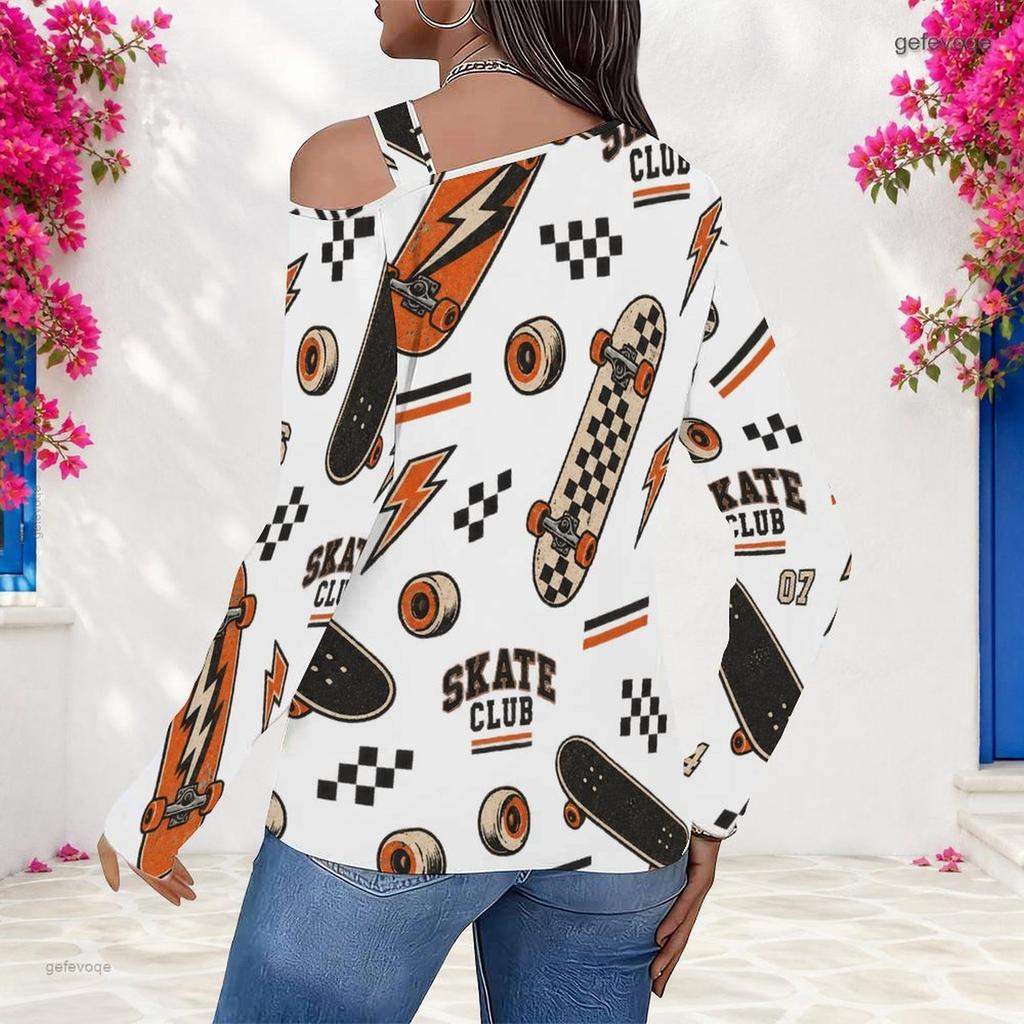Women Plus Size Asymmetric Cutout Neck Cold Shoulder Long Sleeve Camping Printed Top