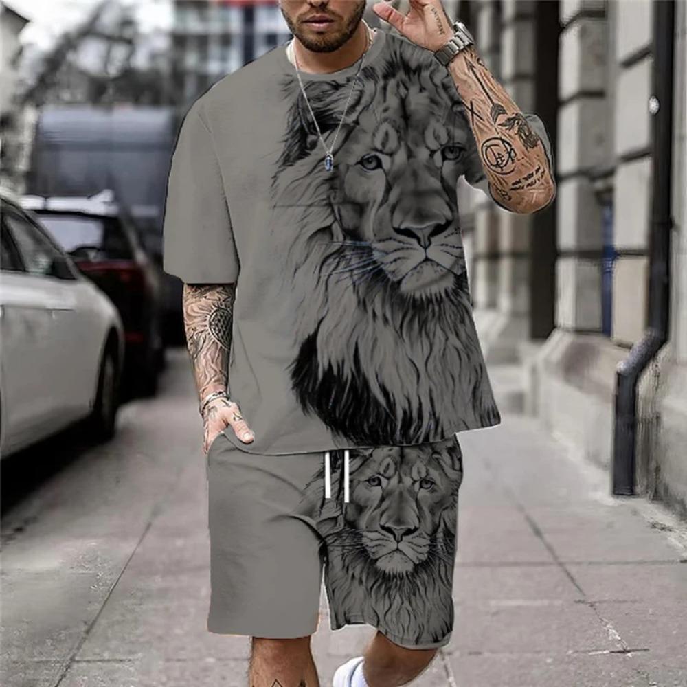 Plus Size 3D Lion Print Men's Cool T-shirt Shorts Set For Sports Fitness Summer Street Style Oversized Graphic 2Pcs Men Clothing