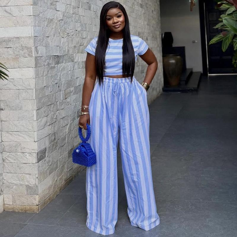 Blue and White Striped Short Sleeve Top and Wide Leg Pants Set