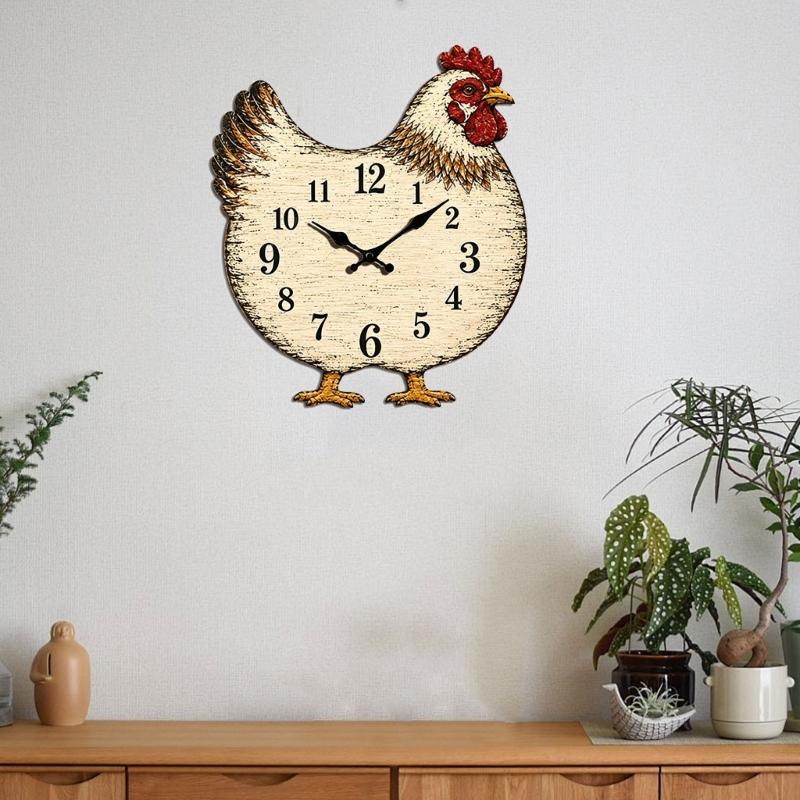 Silents None Ticking Wall Clock Natural Wood Chicken Clock with Black Number Markers, Battery Drive, Weathered Beige Finish, and Decorative Bird
