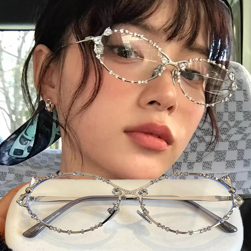 Fashion Diamond Ellipse Glasses for Women Crystal Bowk Metal Blue Light Blocking Glasses Japanese Retro Reading Y2K Eyeglasses