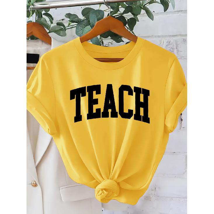 Women's Simple College-Style Printed Short Sleeve Shirt TEACH Letter Print Crew Neck T Shirt Elegant Party Holiday Casual Loose-fitting Top 2026