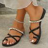 Fashion Luxury String Bead Decor Low Heel Slippers Women Weightlight Soft Sole Black Slides Woman Summer Beach Non Slip Slippers Mujer