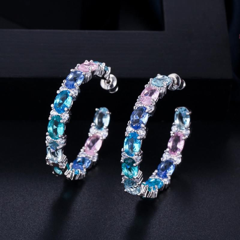 Sparkly Big Circle Round Silver Plated Multi Color Blue Cubic Zirconia Crystal Women Hoop Earrings Luxury CZ Jewelry Gift