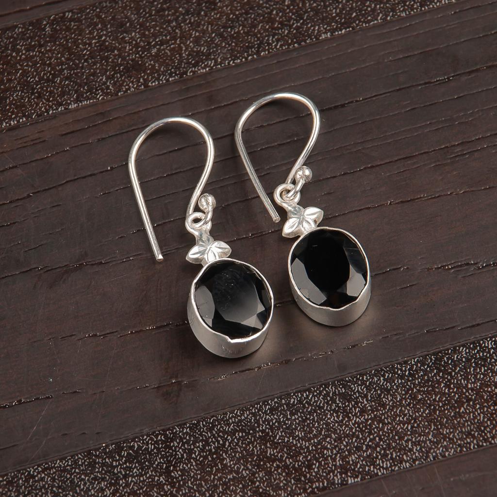 Black Onyx Gemstone 925 Solid Silver Jewelry Handmade Earrings 1.30" For Wedding EE-6-17