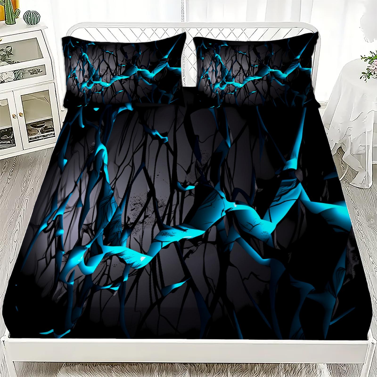 

3pcs Flat Sheet Printed Blue Lightning Black Tree Pattern Fitted Sheet With Pillowcases No Filling Cool Visual For Teen AU Queen(210x210cm)