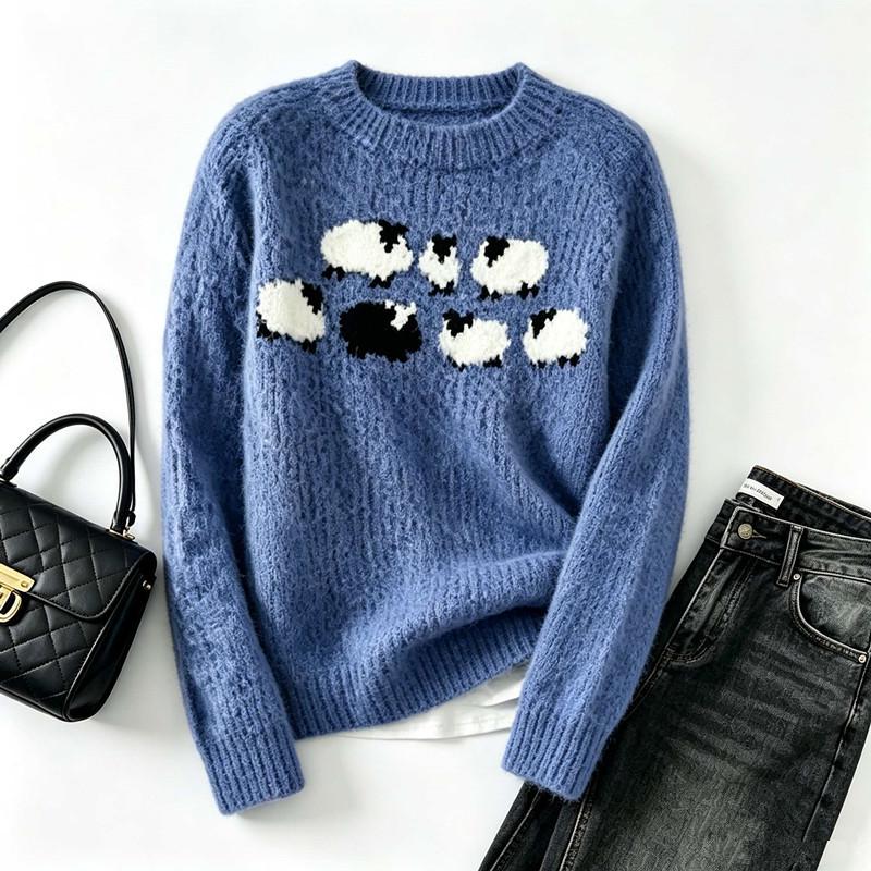 Women's European Retro Fair Isle Long Sleeve Color Block Knitted Sweater Top