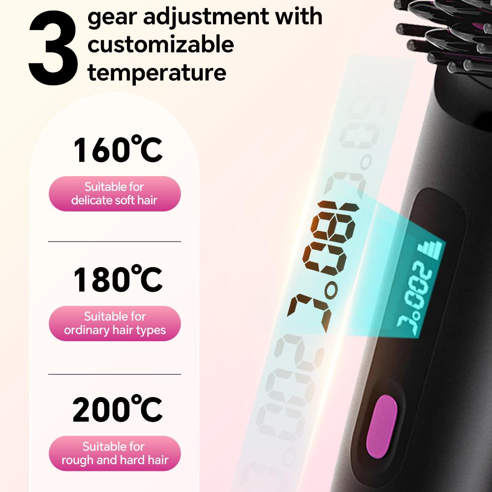 Rechargeable Hair Straightener Brush, Ionic Straightening Comb with 20s Fast Heating, 3 Temp Settings & Auto-Off for Home Salon