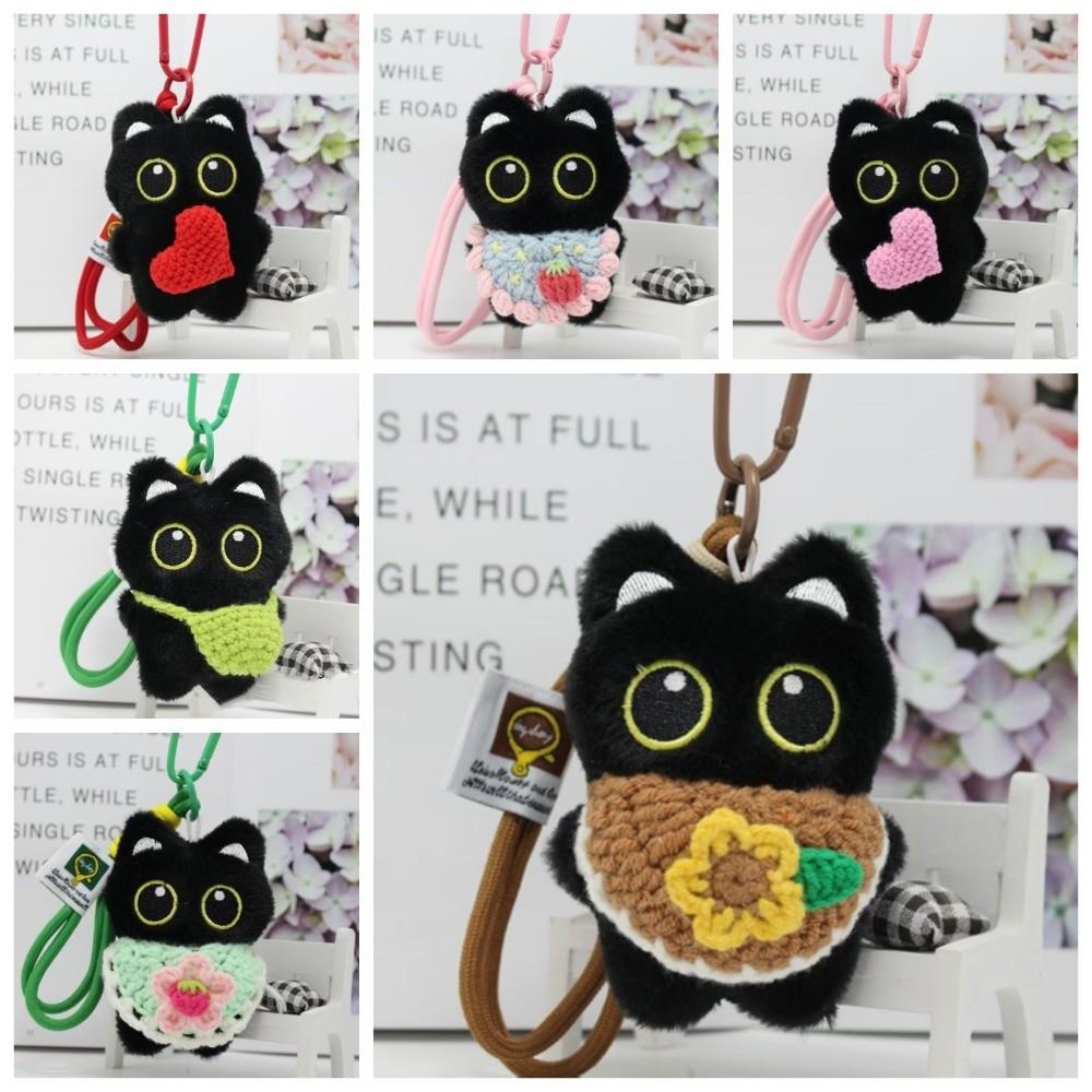 With Woven Bracelet Cat Pendant Squeak Car Key Ring Cute Black Cat Plush Doll Keychain  Gifts