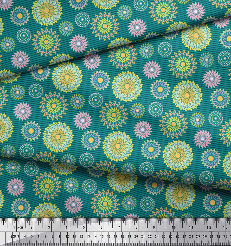 Soimoi Blue Japan Crepe Satin Fabric Stripe & Mandala Print Fabric by the Metre 42 Inch