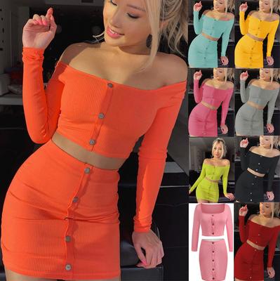 Off Shoulder Two-Piece Solid Color Button 2-Piece Women's Long Sleeve Top and Skirt Set