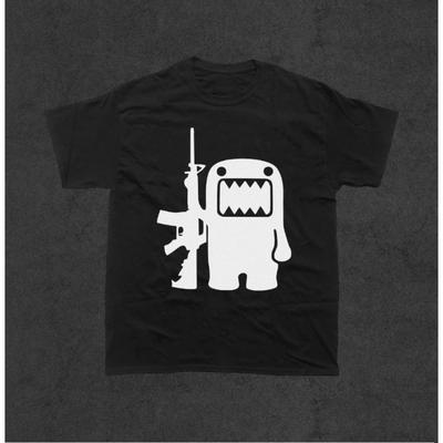 T-shirt en Coton Imprimé Dessin Animé Domo Kun Pistolet Rétro pour Usage Quotidien Hommes Femmes Mascotte Mode Décontracté Ample Manches Courtes