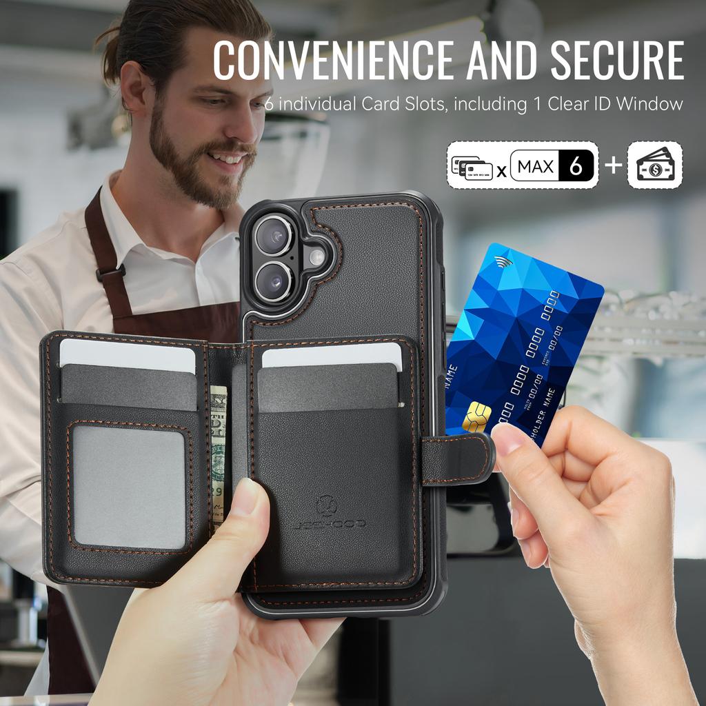 For iPhone 16 Plus Case JEEHOOD J09 RFID Blocking Card Holder Leather Back Phone Cover Compatible with MagSafe