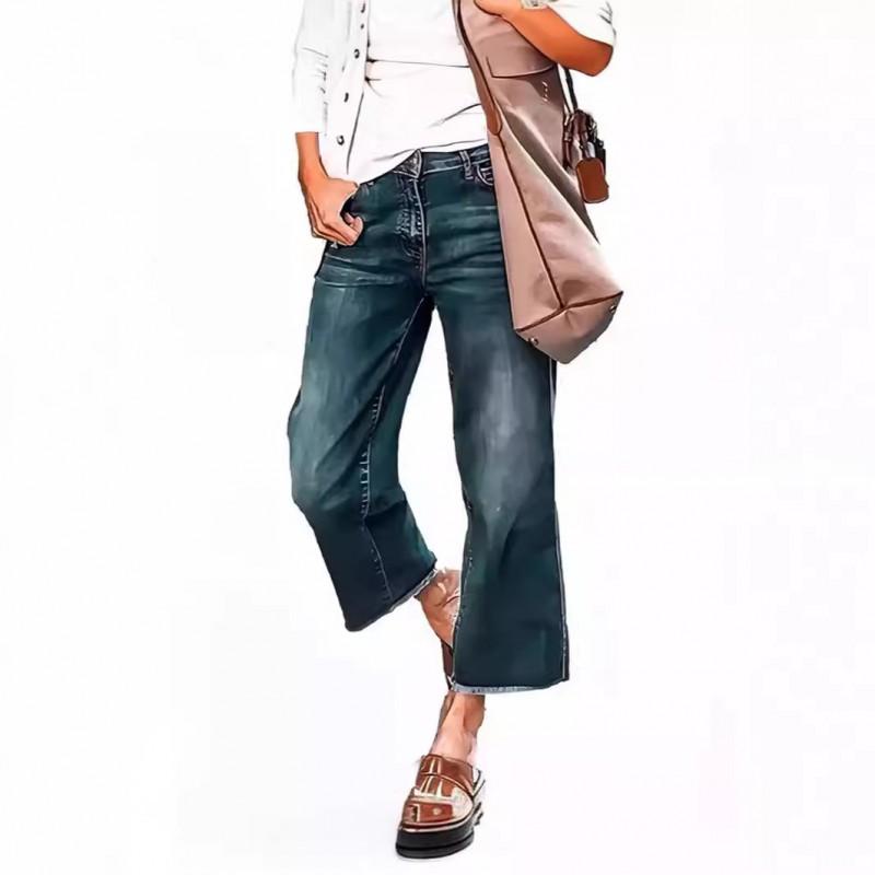 Vintage Wide Leg Jeans Women Relaxed Slim Fit Cropped Denim Pants With Faded Wash
