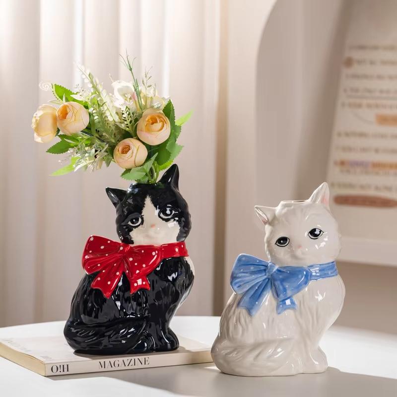 Cute Cat Ceramic Vase Art Flower Detector Creative Ornaments Light Luxury Ceramic Vase Hydroponic Flower Arrangement Accessories