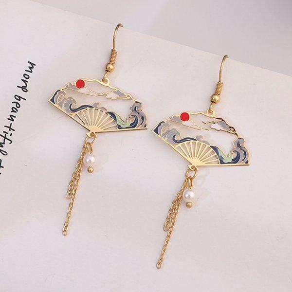 New Fashion Folding Fan Crane Flower Asymmetric Earrings for Women Temperament Long Tassel Dangle Earrings Party Jewelry Gift