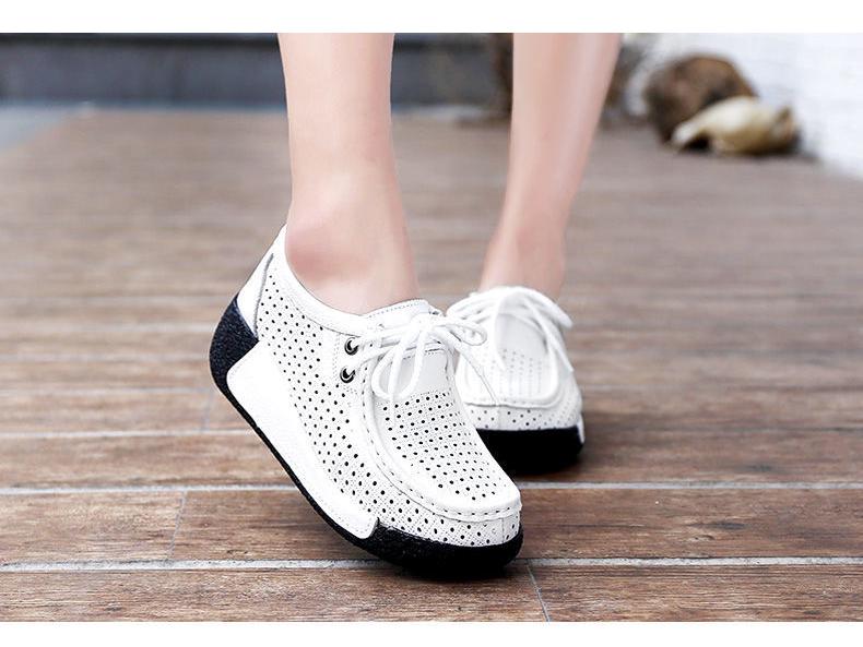 Women's White Leather Cut-Out Wedge Shoes - Thick Soft Sole, Casual Spring/Summer Platform Shoes.