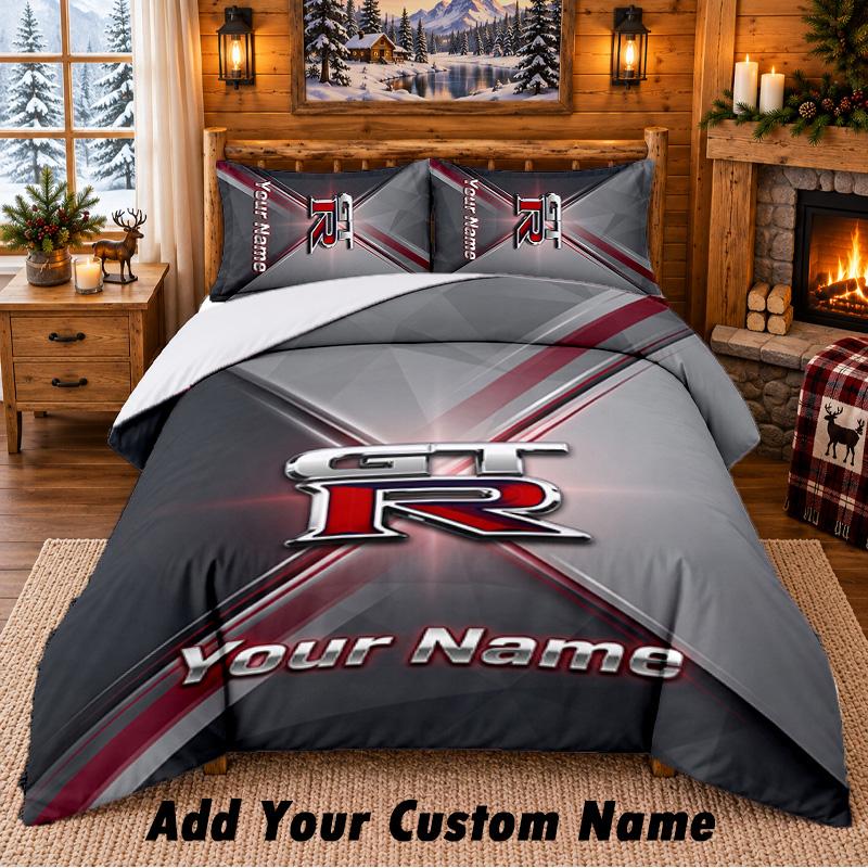 Nissan GT-R Pattern Bedding 3Pcs Set Custom Name, Bed Sheet And Pillowcases For Home Bedroom