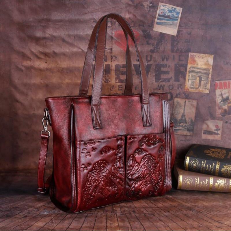 Retro Genuine Leather Female Bag Large Capacity Casual Tote Handmade Embossed Women Handbag Shoulder Bags