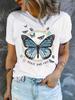 Colorful Butterfly Petal Print Short Sleeve and Round Neck Cute Graphic Tee Shirts Female Tops Clothing Fashion Women Tshirt