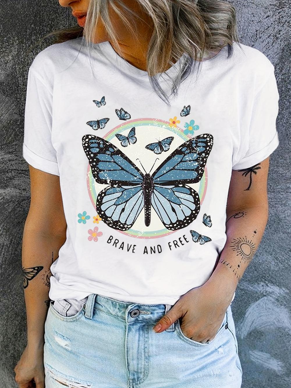

Colorful Butterfly Petal Print Short Sleeve and Round Neck Cute Graphic Tee Shirts Female Tops Clothing Fashion Women Tshirt S