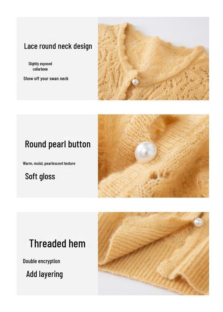2026 Autumn Women's Cashmere Silk Round Neck Cardigan - Thin Crochet Outerwear