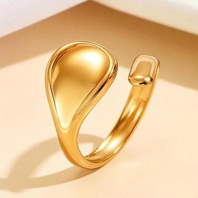 18K Gold Plated Stainless Steel Elegant Leaf & Water Drop Open Ring