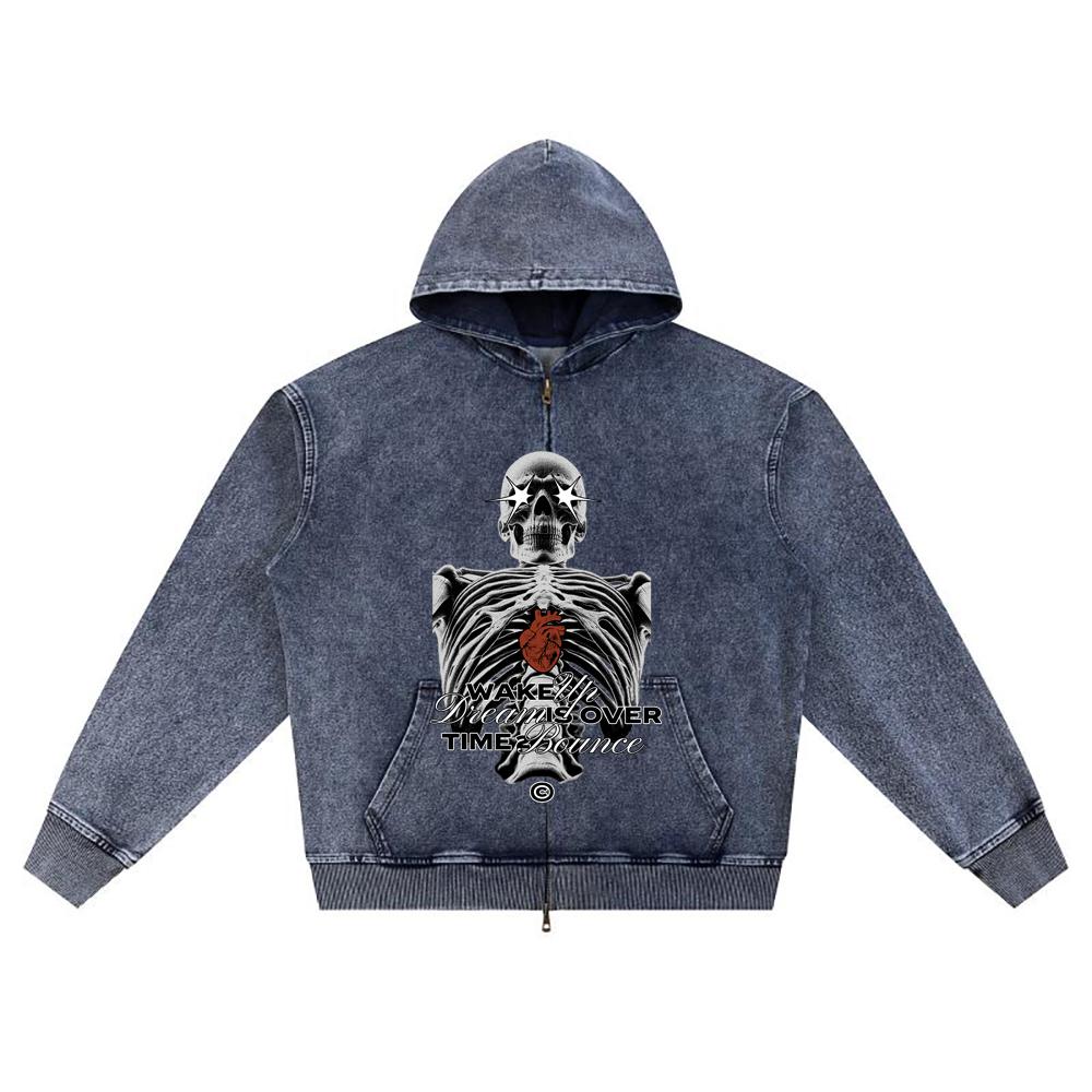 

DTG print Knitted Denim Zip-Up Hoodie Heart of Skeleton Brother Print Zipper Hoodies XL