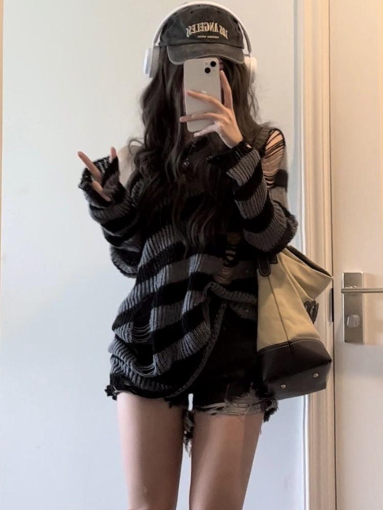Gothic Streetwear Striped Knitted Sweater Women Harajuku Punk Hollow Out Jumper Hole Loose All-match Tops Grunge E-girl