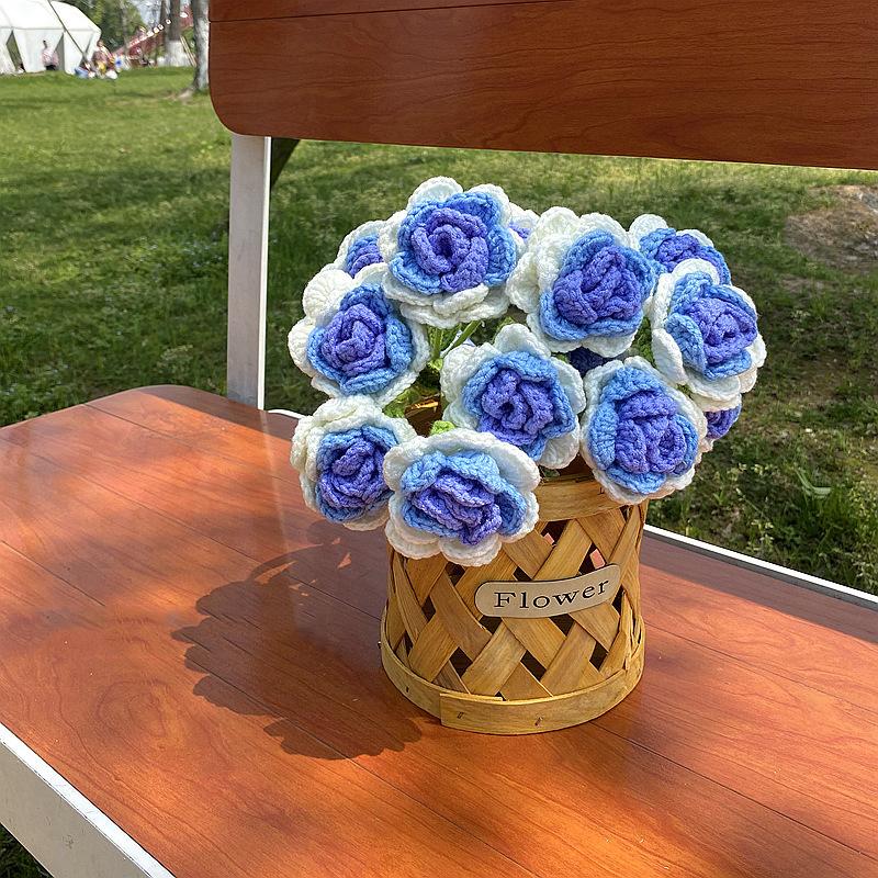 1PC Knitted Flower Rose Fake Flowers Bouquet Wedding Party Decoration Hand Knitting Crochet Woven Artificial Flower Table Decor