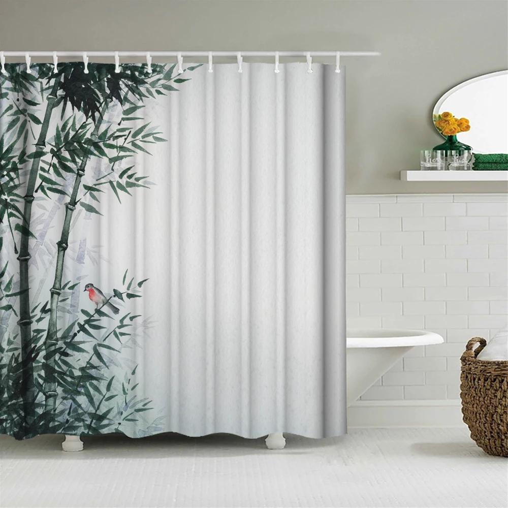 Cortina de ducha de bambú de planta verde, cortina de baño de poliéster impermeable, árboles impresos en 3D, pantalla de baño de 180x200cm con ganchos