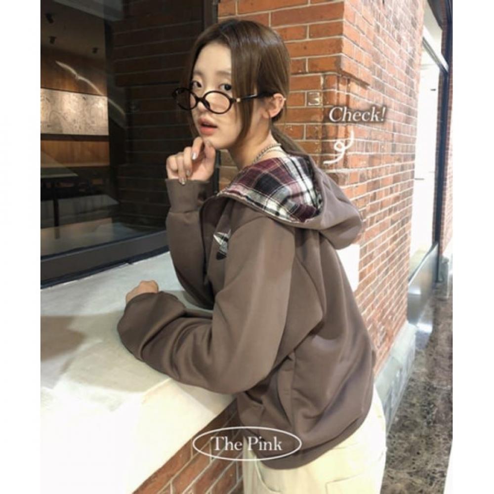The Pink Two Way Star Patch Check Long Sleeve Hoodie Zip Up