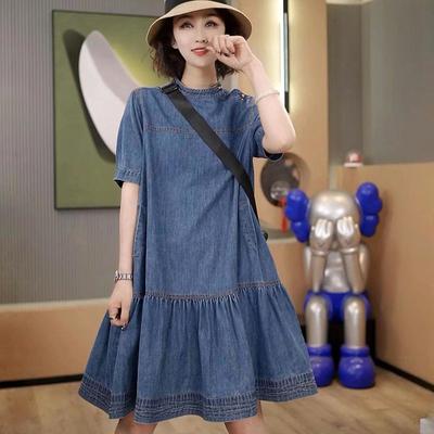 Robe en jean d'été à manches courtes grande taille Europe Haute Qualité Luxe Léger Coupe ample Cache Graisse Amincissante