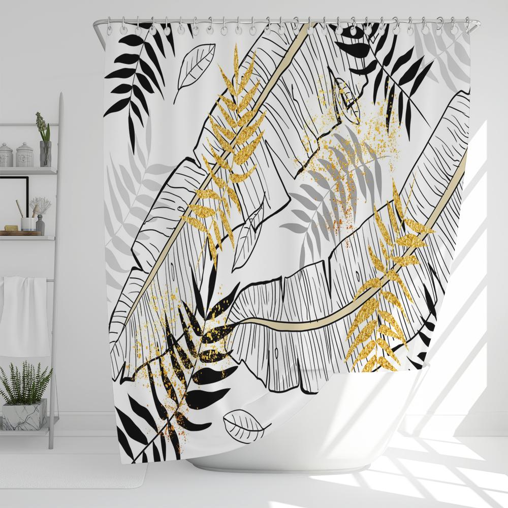 1 Pcs Printed Colorful Plant Leaves Waterproof Shower Curtain, Gorgeous Flower Leaf Bathroom Decoration Curtain, With Hooks