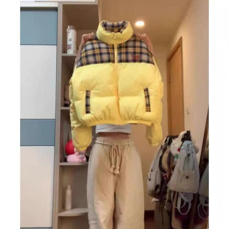 American retro splicing plaid cotton-padded jacket women's winter new thickened warm bread clothing small cotton-padded jacket tide
