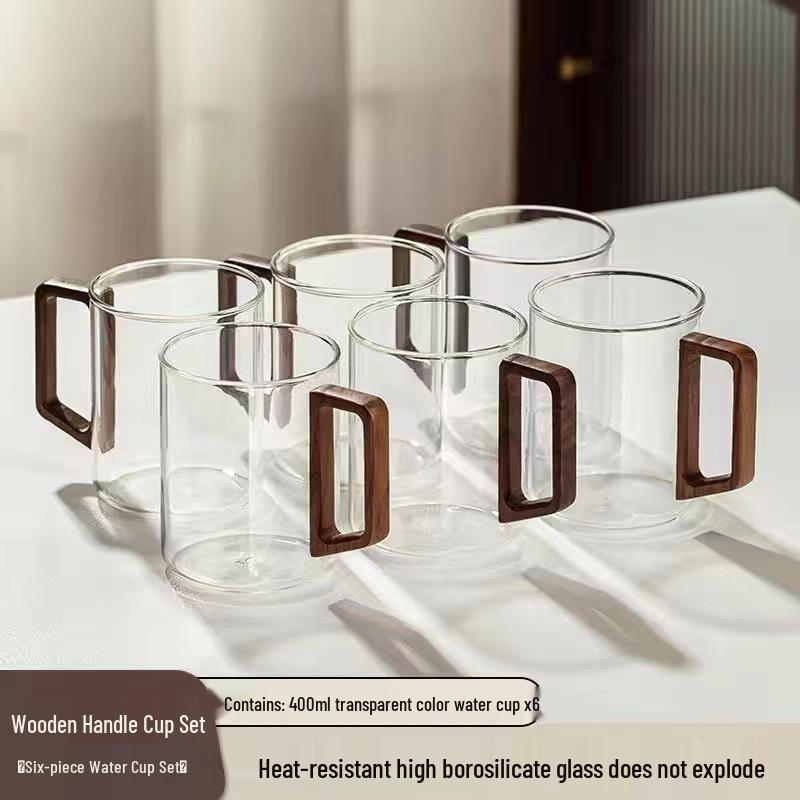 High-End Green Tea Glass Cup Set with Wooden Handle - Large Capacity, Thickened, High Temperature Resistant