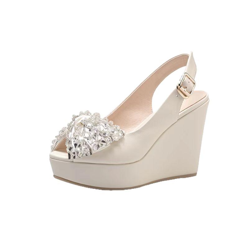 Wedge heel platform sandals summer new British style open-toed waterproof table high heels one-word buckle with rhinestone women's shoes