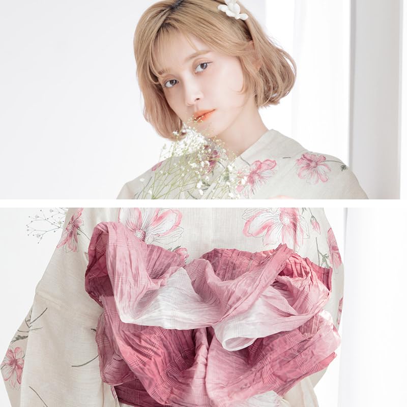 (Dita) Dita Women's Yukata 5-Piece Set: Heiko Obi (Sash), Blue, White, Navy, Pink Floral Watercolor Pattern, Natural, Easy To Wear by One Person (2.