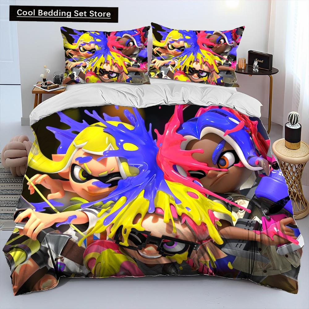 

S-Splatoon Game Gamer Cartoon Comforter Постельное белье, пододеяльник, наволочка, комплект постельного белья размера King Queen Size для детей 140x200cm 3pcs