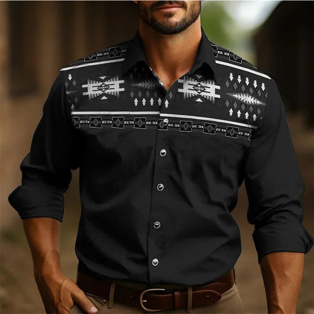 Western Vibes! Tribal Print Long Sleeve Button-Up Shirt, Casual Men's Wear
