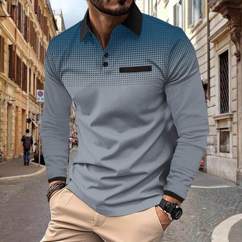 Autumn Men's Long Sleeved Polo Shirt with Printed Polka Dot Collar Sports Top