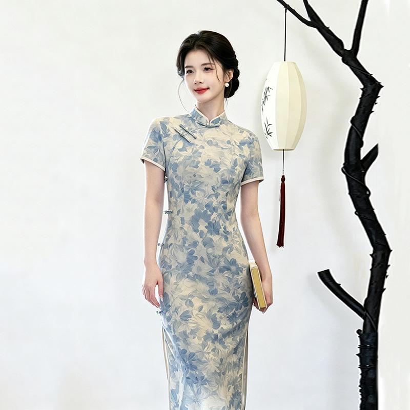 Blue short-sleeved national style new Chinese daily Suzhou long cheongsam improved young 1011 new women's high sense