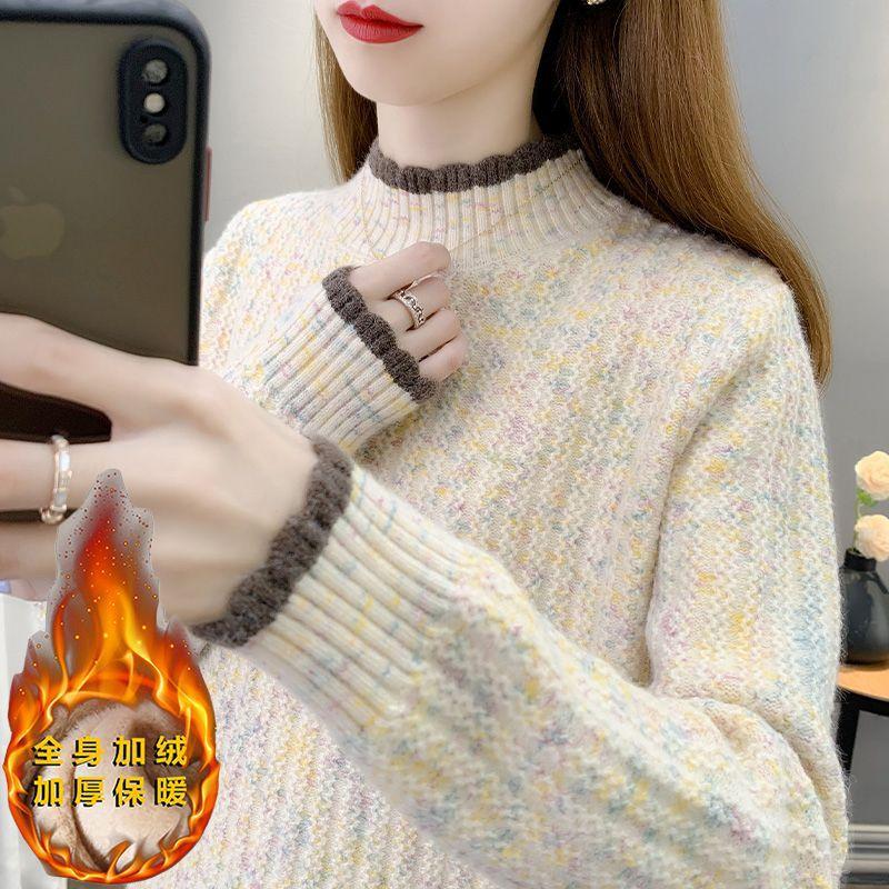 Fleece thickened semi-turtleneck bottoming shirt for women's inner wear autumn and winter 2 new loose and versatile sweater knitted sweater
