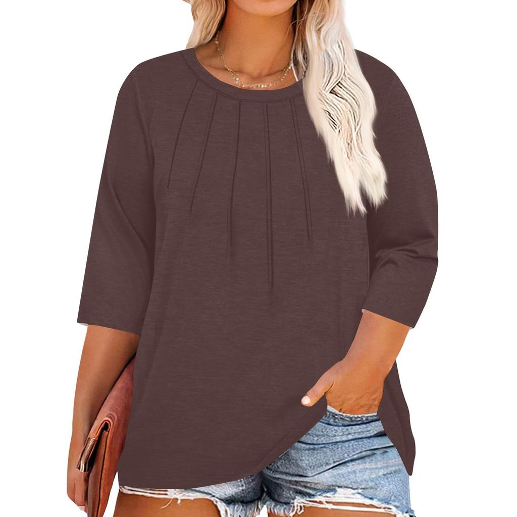 Women's Solid Color Round Neck Plus Size Tops 3/4 Sleeves Elegant Shirt Tops