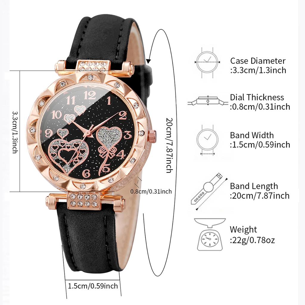 3-teiliges/Set Damenmode Lederarmband Herzförmiges Zifferblatt Quarz Uhr für Damen Schwarz Weiß Rosa Set