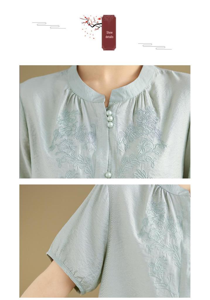 2025 Summer Tencel Cotton Linen Short Sleeve Chinese Embroidery Top & Wide Leg Pants Set