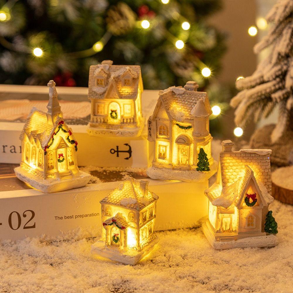 Resin Christmas Glowing Small House Cute Cartoon Table Decorations  New Year Decoration