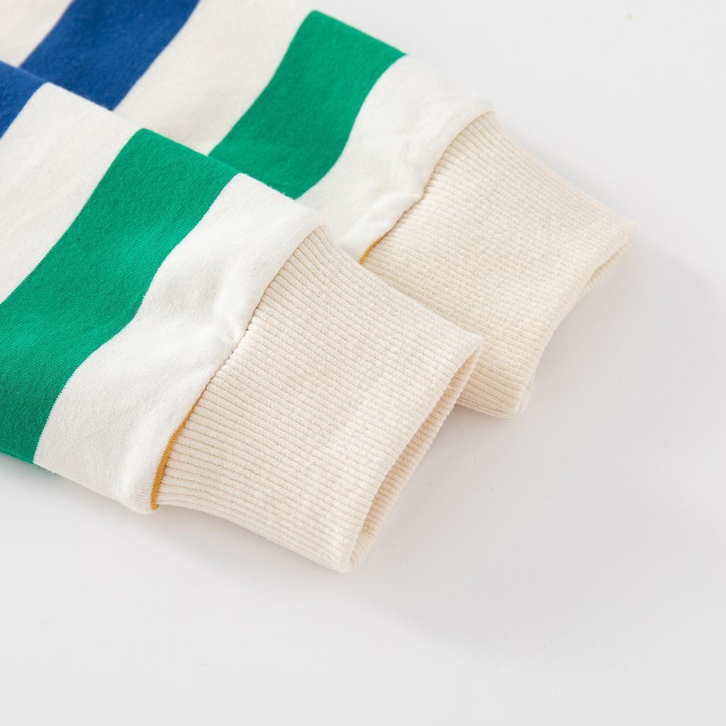 Spring and Autumn Children's Clothing Color Striped Long Sleeve Sweater, Cartoon Pattern Contrast Color Crew Neck Threaded Cuff Pullover Sweater